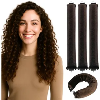 Dilara Lockenwickler 3er-Set – Heatless Overnight Curls für natürliche, voluminöse Wellen – Weiche Locken Samt-Haarroller mit Hakenverschluss – Schonend, biegsam & handgefertigt ohne Hitze (Braun)