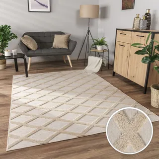 Paco Home Teppich Wohnzimmer Schlafzimmer Kurzflor Modernes Skandinavisches Muster Rauten Motiv Flauschig 3D Grau Anthrazit, Grösse:120x160 cm, Farbe:Beige
