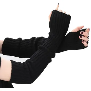 QEDBOJE Lange Fingerlose Weiche Winter Warme Handschuhe - Gestrickt Warm Weben Handschuhe mit Daumenloch (Schwarz)