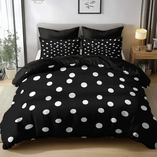 Generisch Bettwäsche 220x240cm Schwarze Und Weiße Punkte Polyester Baumwolle Bettbezug 3 Teilig, Atmungsaktiv Hautfreundlich Bettwäsche Set mit Reißverschluss and 2 Kissenbezüge