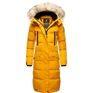 MARIKOO Damen Wintermantel warmer Steppmantel lang mit abnehmbarem Kunstfell und Kapuze Schneesternchen Yellow Gr. XS - XS
