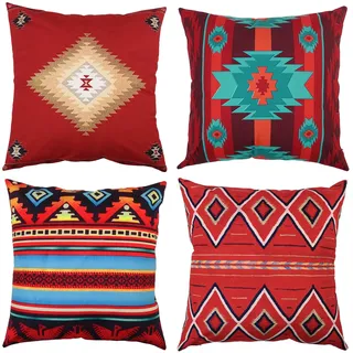 Alricc 4er-Set Kissenbezüge Süd-Südwest-Western-Tribal Rot Indianisch Heimkultur Geometrischer Farbton Land Dekorative Kissenbezüge Heimdekoration Quadratisch 18x18 Zoll (45,7 x 45,7 cm) Kissenbezüge