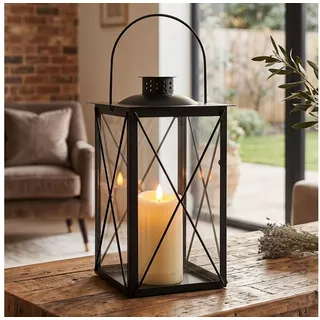 Levandeo® Kerzenlaterne, Deko Laterne Schwarz Metall Windlicht H30cm Glas Industrial