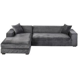 GUYIRT Samt Sofabezug L Form, 2-teiliger Stretch L Form Sofa überzug rutschfest Couchbezug L Form Weicher Möbelschutz Für Ecksofa -dunkelgrau-3+3 Sitzer