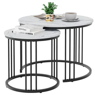 Couchtisch Rund, Satztisch 2er Set, Wohnzimmertisch, Couchtisch aus Holz, Beistelltisch Set, Sofatisch für Wohnzimmer, Schlafzimmer, Büro, Balkon, Schwarz Metallgestell und Weiß Marmor Tischplatte