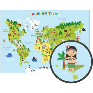 ARTBAY Kinder Weltkarte - XXL Poster - 118,8 x 84 cm | Spielerisches Kennenlernen der verschiedenen Kontinente, Kulturen und Tiere der Welt | Deutsche Beschriftung