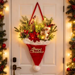 Türkranz Weihnachten, 55 x 40 cm Weihnachtskränze für Haustür, Weihnachtstürkranz Außen mit Künstlichen Tannenzweigen und Beerenkugel, Weihnachtsmannmütze Kranz für Tür, Fenster, Wand Deko