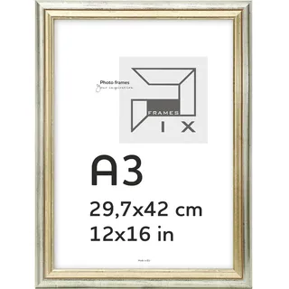 Pix FRAMES Bilderrahmen 29,7x42(A3) Vintage - Fotorahmen Holz mit Scheiben aus Plexiglas - Retro Rahmen zum Aufhängen und Aufstellen - Gealterter Fotorahmen - Silber-Gold