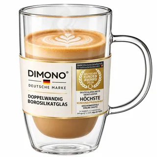 Dimono® Doppelwandiges Kaffeeglas 400ml, Thermo-Isolierung mit Henkel | Keine heißen Finger, optischer Schwebeeffekt, doppelwandige Gläser aus Borosilikatglas, mundgeblasen für Cappuccino & Tee
