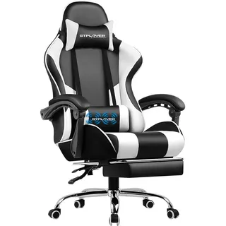 GTPLAYER Gaming-Stuhl Bürostuhl mit Massagefunktion, Fußstütze, Kopfstütze (Packung), Ergonomischer Gamer Stuhl aus Stoff/Kunstleder weiß