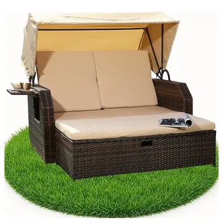 MuCoLa - Rattan Sonnenbett Dach Rattan Braun Strandkorb Sonnenliege Liegebett Relaxliege