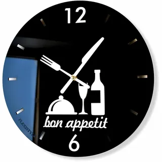 FLEXISTYLE Moderne Küchenuhr Bon Appetit rund 30cm, 3D, schwarz & Weiß