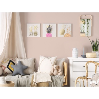 Leinwandbild 3er Set Ananas-Motiv rosa / gold 30 x 30 cm APESIKA