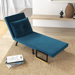 3-in-1-schlafsofa Mit 5-fach Verstellbarer Rückenlehne, Armlehnen Und Kissen Aus Holz, Bezug In Samtoptik, Blau