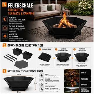 QLS Feuerschale 75x75 cm XXL, Feuerstelle aus Stahl faltbar für Outdoor Garten