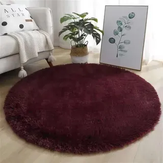 GIBZ Home Teppich Rund Wohnzimmer Schlafzimmer rutschfest Shaggy Modern Flauschig Langflor für Esszimmer, Büro, Badezimmer, Flure, Küche, 140 x 140 cm, Weinrot