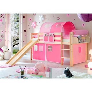 Ticaa Hochbett Manuel, mit Rollrost und Textil-Set wahlweise Matratze, Kiefer massiv natur Mit Vorhang, Liegefläche B/L: 90 cm x 200 cm, kein Härtegrad, ohne Matratze rosa Kinder Kindermöbel Nachhaltige Möbel