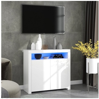 OKWISH Kommode Sideboard Beistellschrank Küchenschrank Aufbewahrungsschrank (108*40*92 cm, Buffet Holz Aufbewahrungsvitrine TV-Ständer mit 2 Türen), Hochglanz mit LED-Licht, Weiß weiß