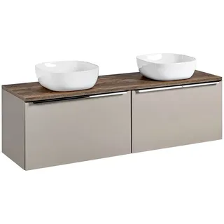 Lomadox Badmöbel Doppel Waschtisch Unterschrank Set 160cm, Taupe mit Vintage Oak Eiche, 2 Keramik-Waschbecken, 2 Softclose-Schubkästen, B/H/T 160,4/62,5/46 cm