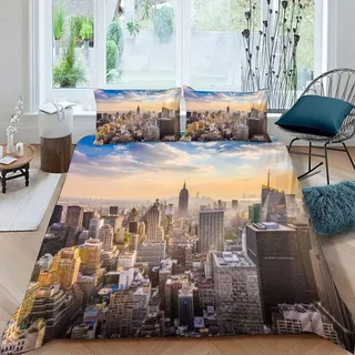 Skyline Von New York Bettwäsche 155×220 Weiche Mikrofaser Bettbezug 3d Druck Stadt-Landschaft mit Reißverschluss Für Teenager Jungen Mädchen Winter Herbst Bettwäsche Set mit 2 Kissenbezüge 80×80 cm