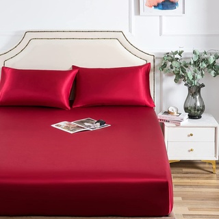 Damier Satin Spannbettlaken 90x200cm Rot Weinrot Seide Glänzend Spannbetttuch Hochwertiges Satin Deluxe Bettlaken, geeignet für Matratzen bis 25cm