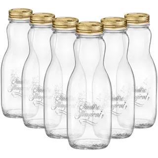 Bormioli Rocco 6X 1L Quattro Stagioni Saftflaschen aus Glas mit Schraubdeckel - Klar Wiederverwendbar Wasser Smoothie Milch Getränk Kühlschrank Lagerbehälter