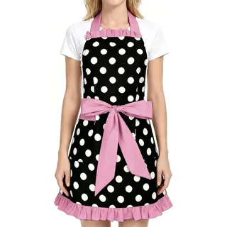 BDKMMS Damen Latzschürze mit Rüschen, Vintage Gepunktete Küchenschürze aus Baumwolle, Verstellbare Kochschürze mit Taschen, für Küche, Backen, Gärtnerin, Kellnerin, Café, Floristik, Basteln