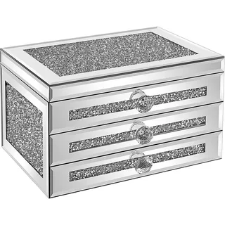 CITYLOVE Schmuckkästchen für Damen, modernes Glas-Schmuckkästchen, Organizer, 3-lagig, 2 Schubladen, viel Stauraum, tolles Geburtstagsgeschenk für Frauen, Silber