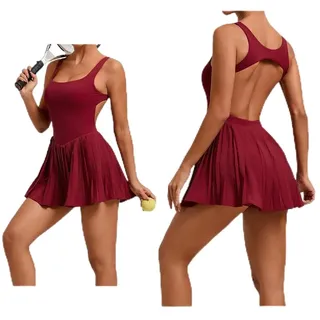 JHNGYJY Damen Tennis Kleid mit Shorts und BH, Sportkleid Damen Ärmellos Square Neck Rückenfrei, Plissee Workout Kleid mit Tasche für Yoga Fitness Golf(M, Burgundy)