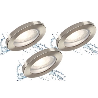 TRANGO LED Einbauleuchte, 3er Set IP65 LED Einbaustrahler 6729IP65-032-5WAK in Edelstahl gebürstet inkl. 3x 5 Watt GU10 LED Leuchtmittel 3000K warmweiß & GU10 Fassung, Außen, Badleuchte, Deckenleuchte, Deckenstrahler