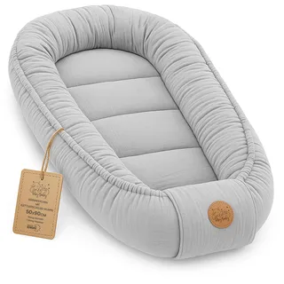 Babynest babynestchen neugeborene mit tragegriff 90 x 50 cm baby nestchen tragbar nest für bett kinder kuschelnest coccon für Jungen und Mädchen Grau Musselin C