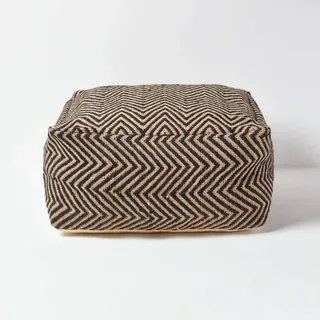 Homescapes Jute Sitzpouf schwarz-Natur im Ethno Style, Sitzsack-Hocker quadratisch 60x30 cm, Sitzquader Bodenkissen mit Zickzack-Muster