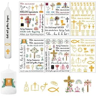 CharmBurst 6 Stück Kerzen Tattoos, Kommunion Deko Aufkleber, Wasserschiebefolie mit Spruch, Tattoofolie für Kerzen, Kerzen Verzierung, Taufkerze Deko, Kommunion Geschenk