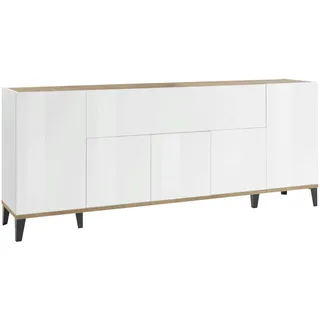 Dmora Kommode Vittorio, Küchen-Sideboard mit 6 Türen, Wohnzimmer-Buffet, 100 % Made in Italy, cm 200x40h82, glänzend weiß und Ahorn