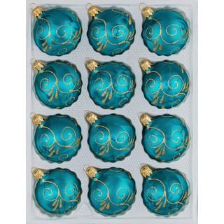 12 TLG. Glas-Weihnachtskugeln Set in 'Ice Petrol-Türkis Goldene Ornamente' - Christbaumkugeln - Weihnachtsschmuck-Christbaumschmuck