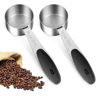 Oruola 2 Stück Kaffeelöffel Portionierer,Edelstahl Kaffeemesslöffel,1/8 Kaffeelöffel Tasse Messbecher,2 EL Kaffee Messlöffel,30 Ml Kaffeedosierlöffel mit Schwarzem Silikongriff