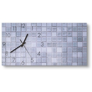 DEQORI Wanduhr 'Quadratische Fliesen' (Glas Glasuhr modern Wand Uhr Design Küchenuhr) blau 60 cm x 30 cm