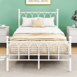 VERFARM Modern Metallbett 120x200 cm Bettgestelle mit Lattenrost, Doppelbett/Einzelbett, Bettrahmen mit Kopfteil und Fußteil, Gästebett Jugendbett für Schlafzimmer Gästezimmer, Rauschfrei, Weiß
