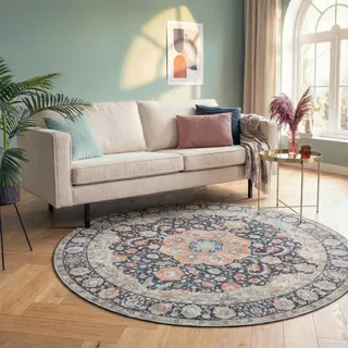 FRAAI | Home & Living Vintage Teppich Rund - Imagine Medaillon Blau - Ø 120 cm - Baumwolle, Polyester - Flachgewebe - Vintage, Orientalisch - Wohnzimmer, Esszimmer, Schlafzimmer