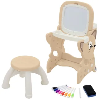 Joyz 3in1 Spieltisch Braun mit 2 Tafeln & Hocker, LCD-/Magnettafel, Maltisch Kinder Staffelei Aktivitätstisch