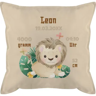 Kissen 50x50 - Zur Geburt - Geburtsgeschenk Löwe Datum Gewicht Uhrzeit Größe - 50 x 50 cm - Beige Natur - geburtsgeschenke geburtskissen personalisierte baby daten männerkissen junge