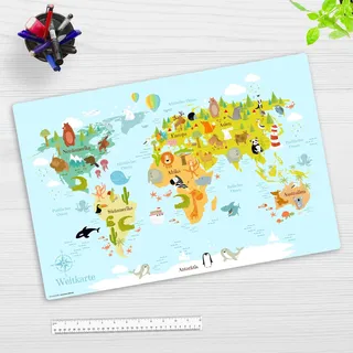 Schreibtischunterlage für Kinder und Erwachsene – “Weltkarte in hellblau“ – aus erstklassigem, strapazierfähigem Vinyl – 60 x 40 cm – Rutschfeste Schreibunterlage für besten Schutz – Made in Germany