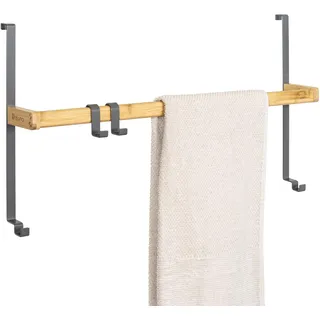 eluno Tür-Hängeregal aus Metall und Bambus, Tür-Handtuchhalter mit 1 Handtuchstange, 2 praktischen Haken, zum Einhängen ohne Bohren (Grau)