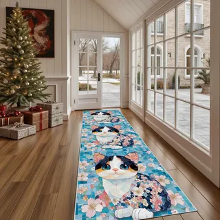 Dppyuxa Küchenläufer Cartoon Katze Waschbar und rutschfest Niedlich Kätzchen Teppich Läufer für Küche und Flur Mosaik Blumen Küchenteppich Maschinenwaschbar Schmutzabweisend 60x120 cm