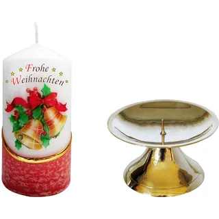 Meissner-Handel Auswahl Motiv, Weihnachtskerze 'Frohe Weihnachten' ca. 6 x 12 cm, farbig getaucht, mit farbigen Wachs- und Bildauflagen, inkl. Messingständer (Motiv 037)