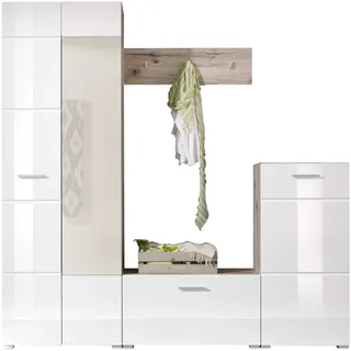 HBZ Kompaktgarderobe SIXX Weiß Hochglanz, Flurgarderobe mit Spiegel, BxHxT 195x195x36 cm (1-St) Mit Hochschrank mit Spiegel, Bank, Paneel und Kommode weiß