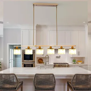 Ganeed Kücheninsel Beleuchtung Esszimmer Leuchte Verstellbar Modern Decke Pendelleuchten Linear Kronleuchter über Tisch mit K9 Kristall Schirm Gold 6 Licht