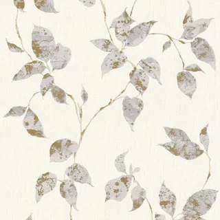 Bricoflor Blätter Tapete in Weiß Grau Gold Ranken Vliestapete mit Blatt Design Ideal für Esszimmer und Schlafzimmer Florale Wandtapete Mt Zweigen