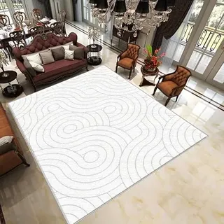 IXEHOH Waschbarer weißer Boho-Teppich für das Wohnzimmer,großer neutraler weicher Teppich,abstrakt,rutschfest,niedriger Flor,moderner Teppich für das Schlafzimmer(140 x 140 cm(55,12 x 55,12 Zoll)