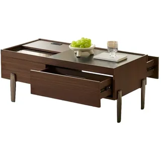 Refined Living Couchtisch Couchtisch mit Schubladen & Glasplatte, Wohnzimmertisch (105 × 50 × 41,5 cm (L × B × H), 1-St., viel Stauraum, mit Schiebeabdeckung, Metallbeinen, Marmoroptik), für Wohnzimmer, Esszimmer, Büro, Wohnung, Schlafzimmer,Familien braun